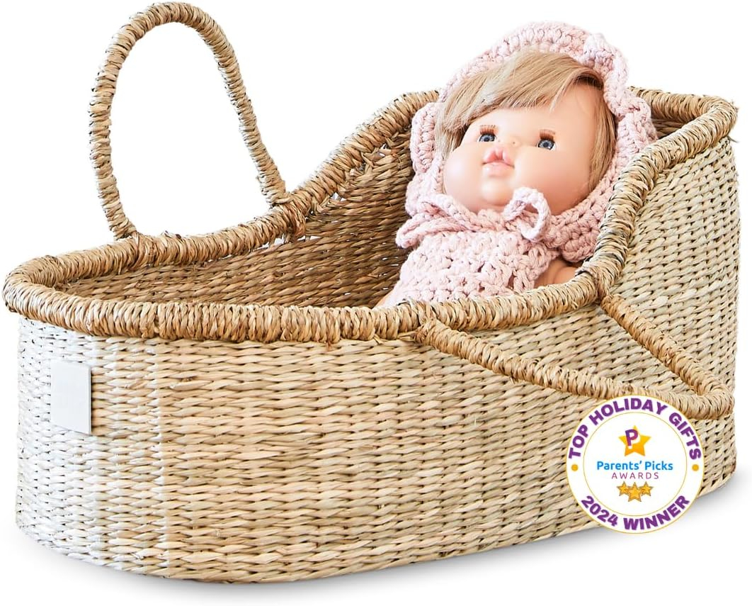 Premium Baby Doll Bassinet - Handcrafted & Award-Winning Seagrass Moses Basket - Doll Carrier with Luxe Mattress