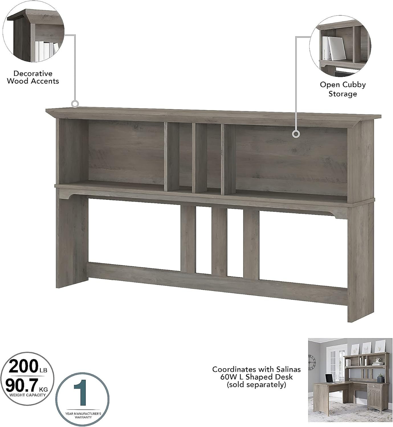 Bush Furniture Salinas Hutch for L Desk, Driftwood Gray