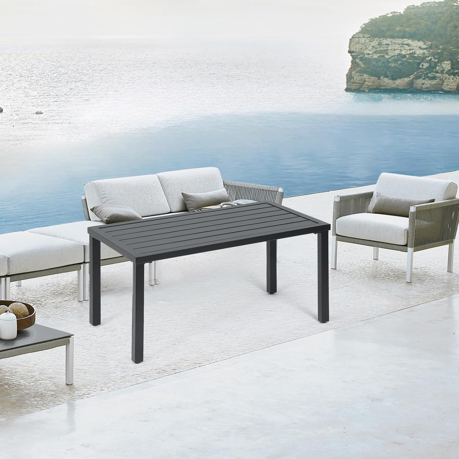 Athena Collection Small Outdoor Patio Coffee Table, 20 x 35 Retangular Metal Outdoor Patio End Table with Slatted Tabletop Waterproof for Indoor, Outside, Bistro, Balcony, Garden, Black