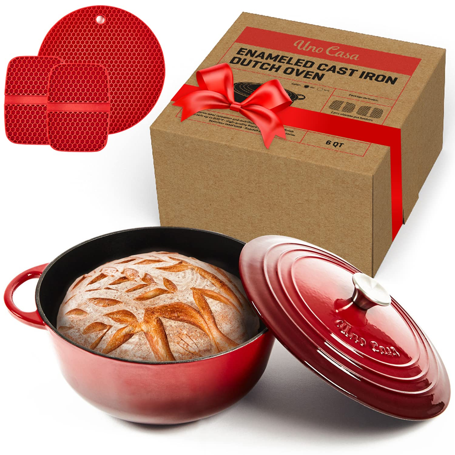 Uno Casa Enameled Cast Iron Dutch Oven - Red - 6Qt Dutch Oven Pot with Lid, Long-Lasting Enamel Casserole Dish for Bread Baking, Stews, and Roasting - Durable Non-Stick Iron Cookware for Versatile Cooking