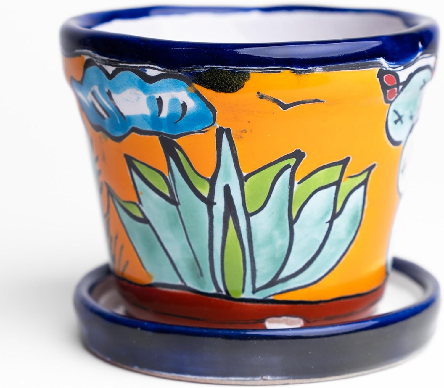 MEXTEQUIL 4" x 4" x 4" Round Yellow Ceramic Talavera Design Plant Pot with Drainage Holes