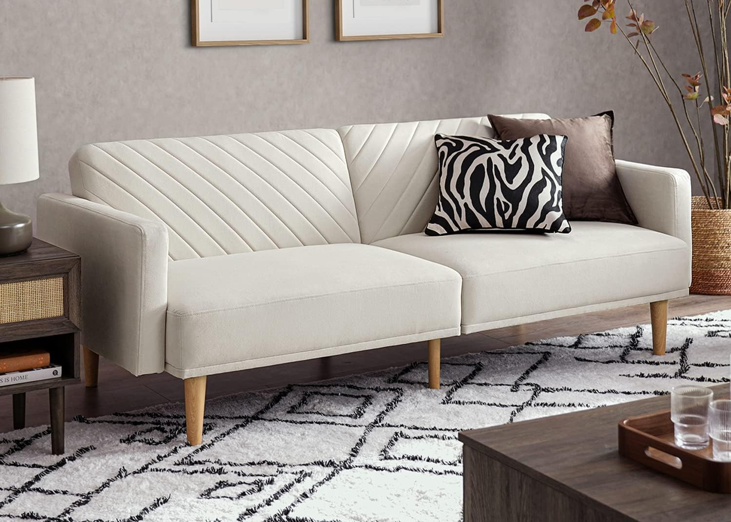 Mopio Chloe Futon Sofa Bed, Limited Edition Snow Velvet Sleeper Sofa with Tapered Legs. 77.5"
