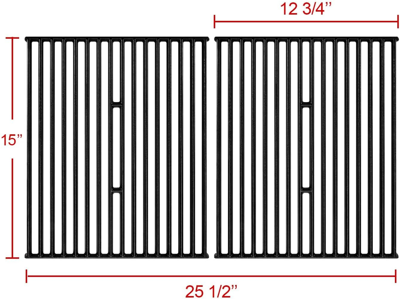 GGC 15 Inch Grill Grates Replacement for Broil King 9453-54, 9453-57, 9453-64, 9865-54, 9453-67, Broil-Mate, Silver Chef, Sterling Gas Grill, 2 PCS Cast Iron Cooking Grid Grates (15" x 12 3/4" Each)