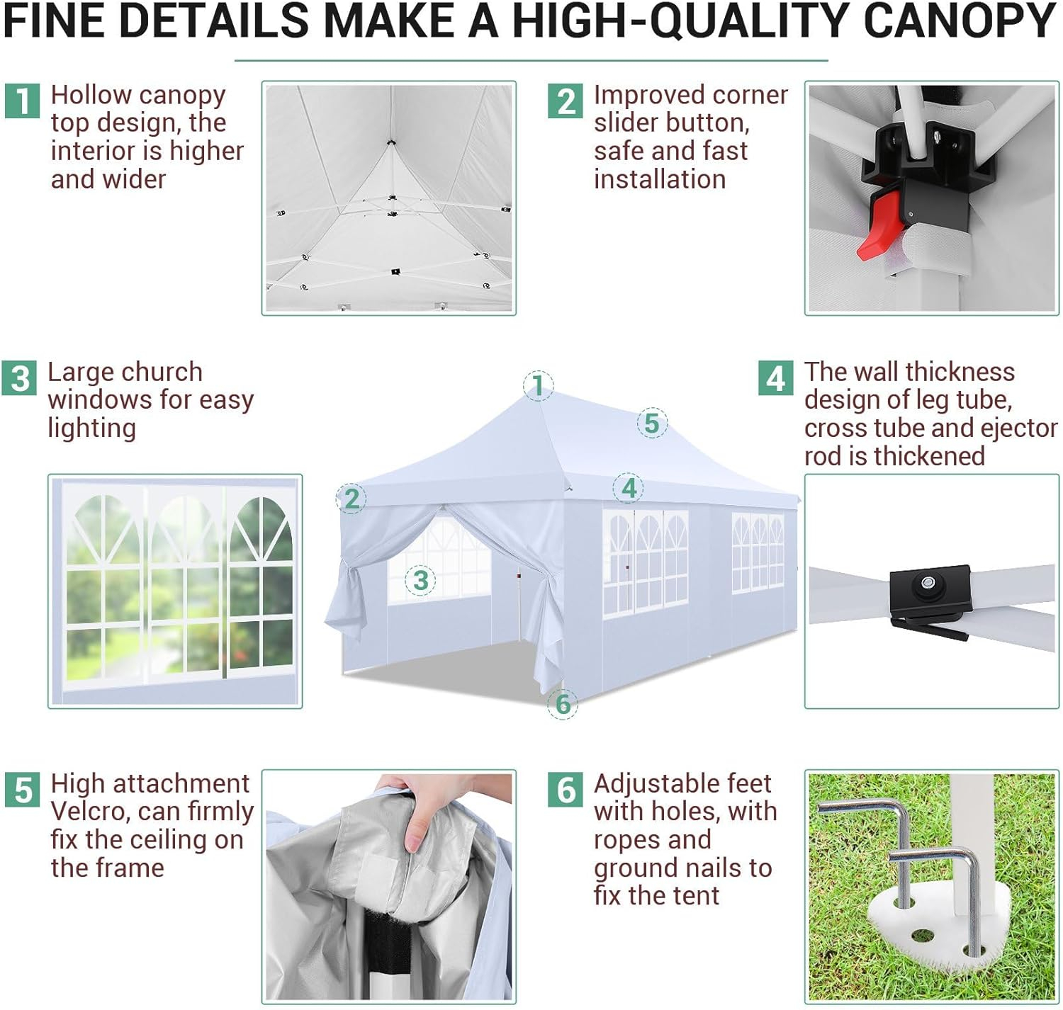 COBIZI 10x20 Pop Up Canopy with 6 Sidewalls,Waterproof Instant Party Tents for Weddings & Parties, Easy Up Commercial Canopy Tent,UPF 50+ UV Protection, 3-Height Adjustable Frame & 4 Sandbags White