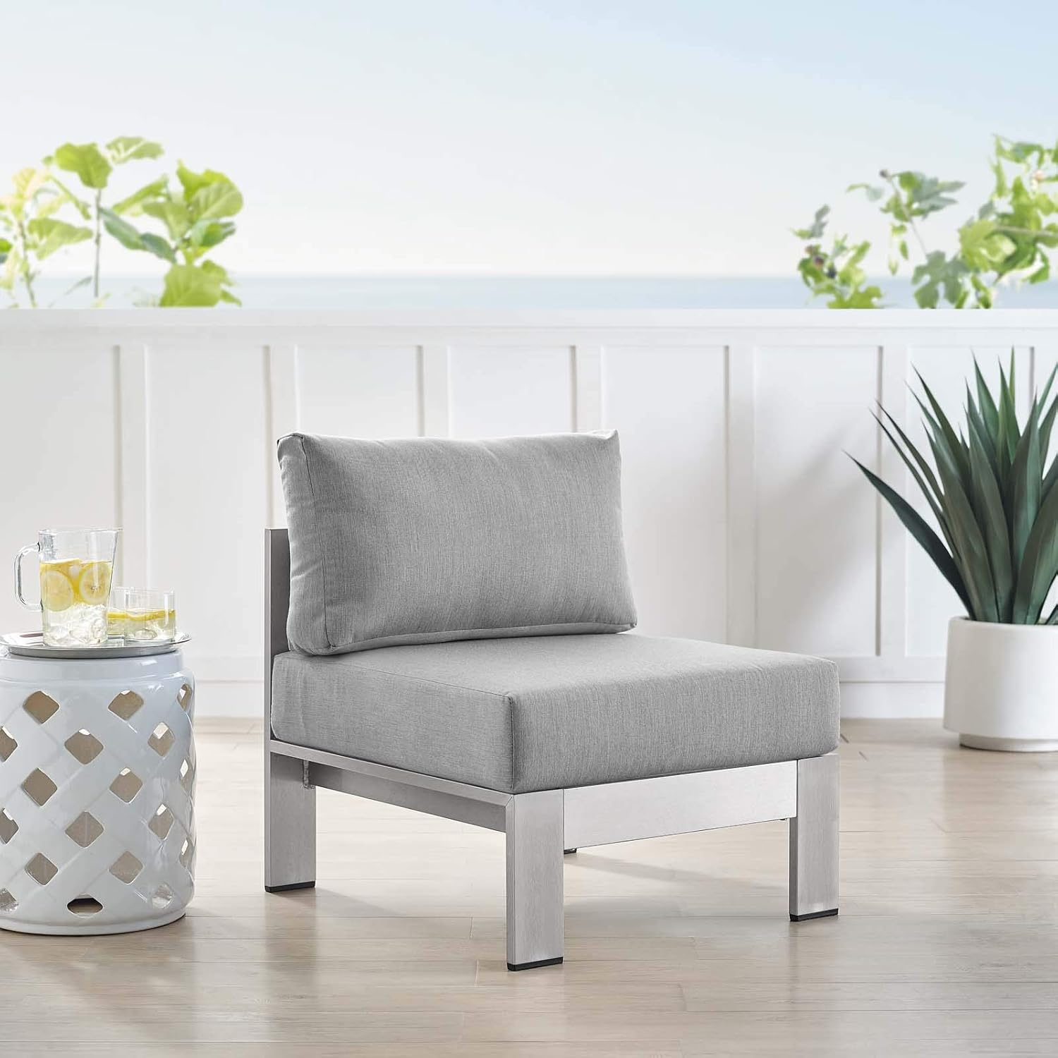 Modway Shore 23.5" Fabric Outdoor Patio Armless Chair in Silver Gray