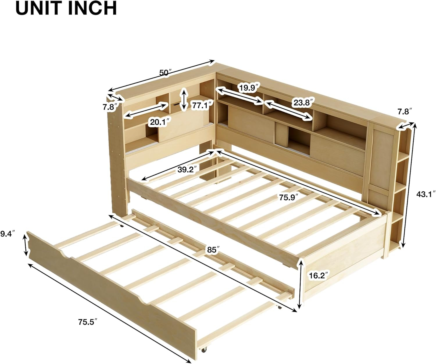 Harper & Bright Designs Twin Size Daybed with Trundle & Bookcase, Wood L-Shaped Daybed with Storage Headboard, USB Ports, Twin Platform Bed Frame with Storage Shelves for Bedroom Living Room, Natural