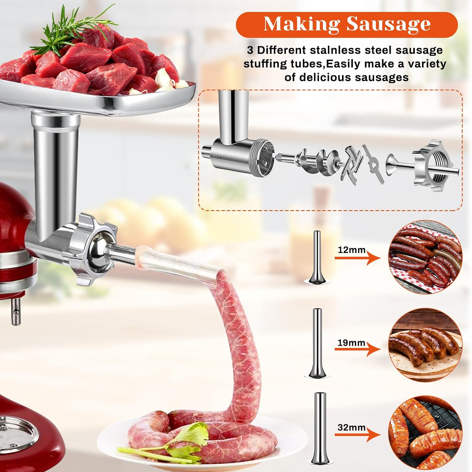 Meat Grinder Attachment for Kitchenaid Stand Mixer with 4 Grinding Plates, Cheese Grater Attachment for kitchenaid Stand Mixer with 3 Metal Sausage Stuffer Tubes, Salad Maker, Burger Press & 3 Blades