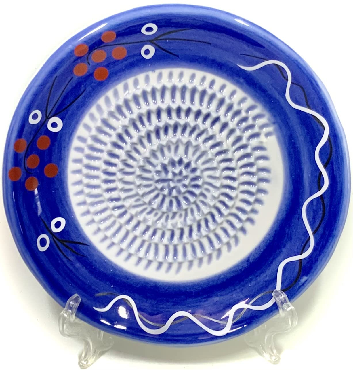 All-in-one 4pcs Premium Ceramic Garlic Grater Set - HandMade, Blue Stoneware Design Grater Plate_Garlic Peeler, Gathering Brush, Display Stand, It's also grating Turmeric, Ginger, and more,.