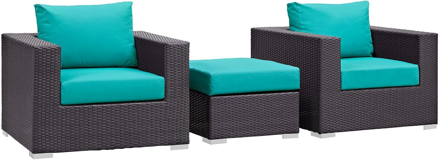 Modway Convene Wicker Rattan 3-Piece Outdoor Patio Furniture Set in Espresso Turquoise
