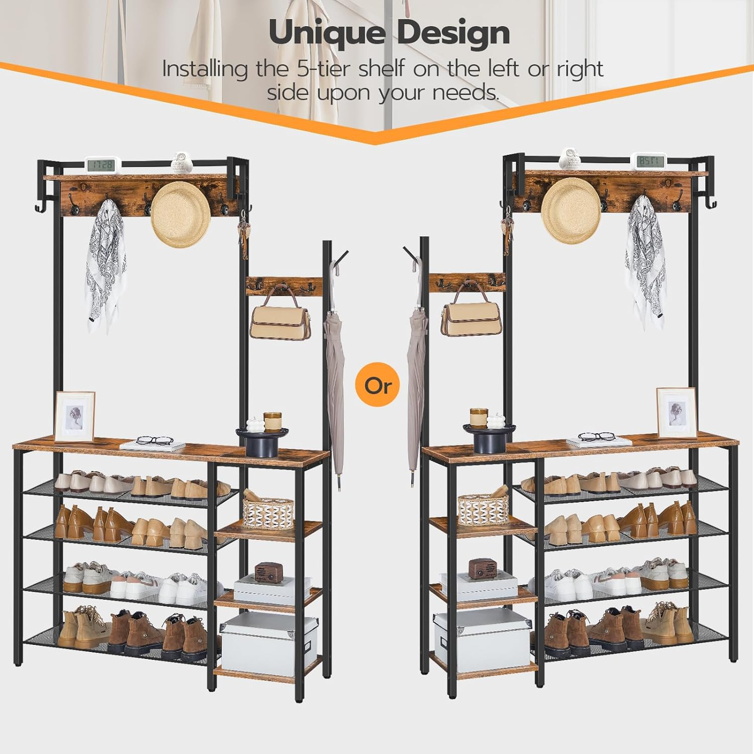 HOOBRO Rustic Brown Hall Tree with Bench, Coat Rack and Shoe Storage, Reversible Shelves - BF105MT01