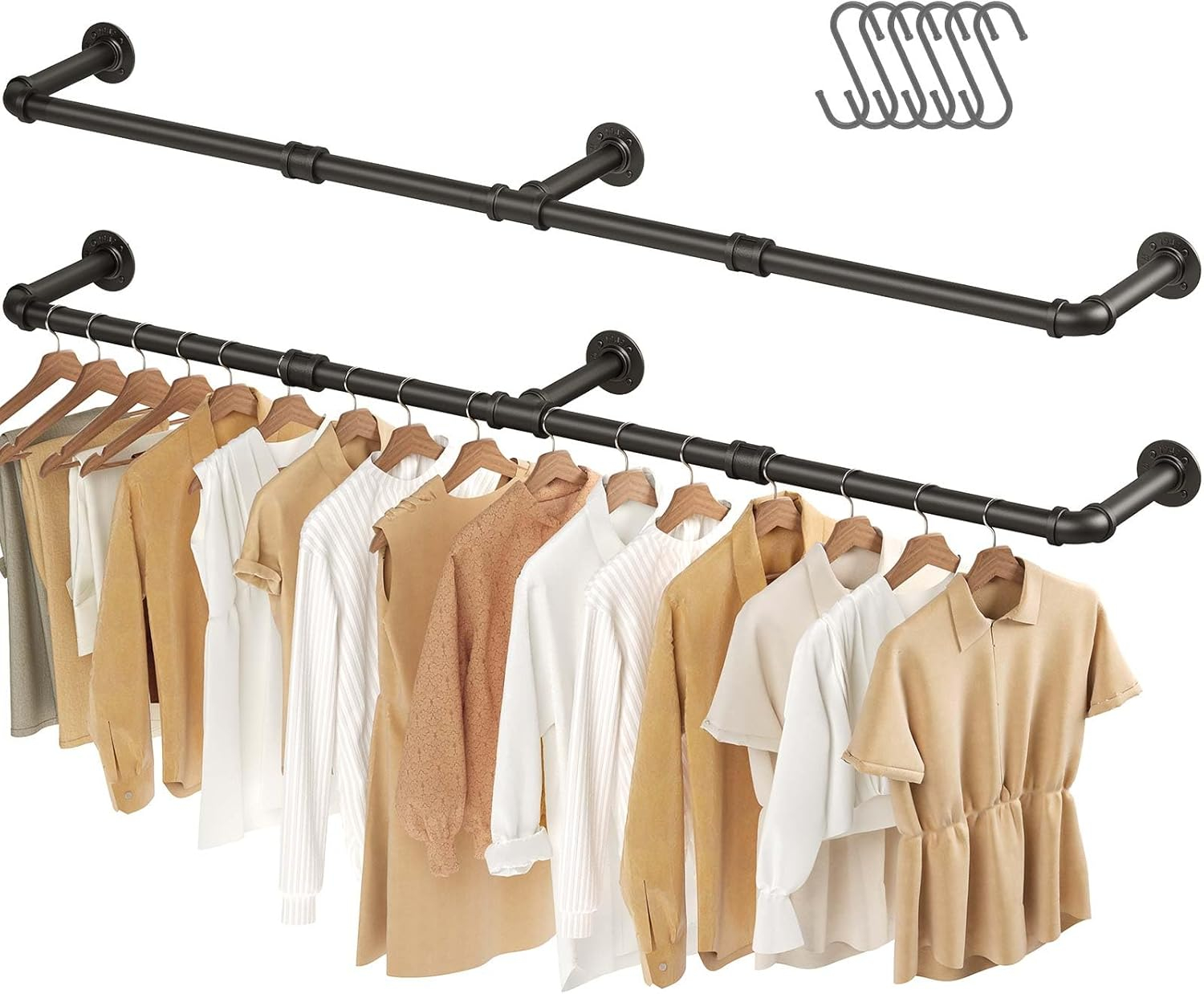 GREENSTELL Wall Mounted Clothes Rack, 69.5in Industrial Pipe Clothing Rack for Hanging Clothes, Space-Saving Closet Rod, Multi-Purpose Hanging Rod for Bedroom, Laundry Room, 3 Base (2 Packs)