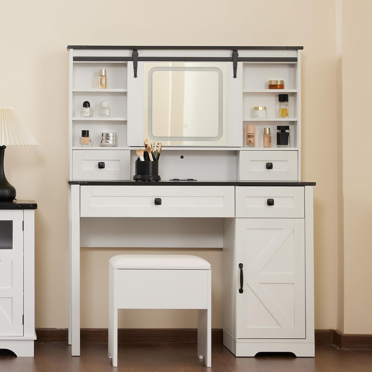 Farmhouse 42'' Makeup Vanity Desk with lighted Sliding Mirror,Tabletop Dresser,2 Drawers & Shelves, Stool Included. Black