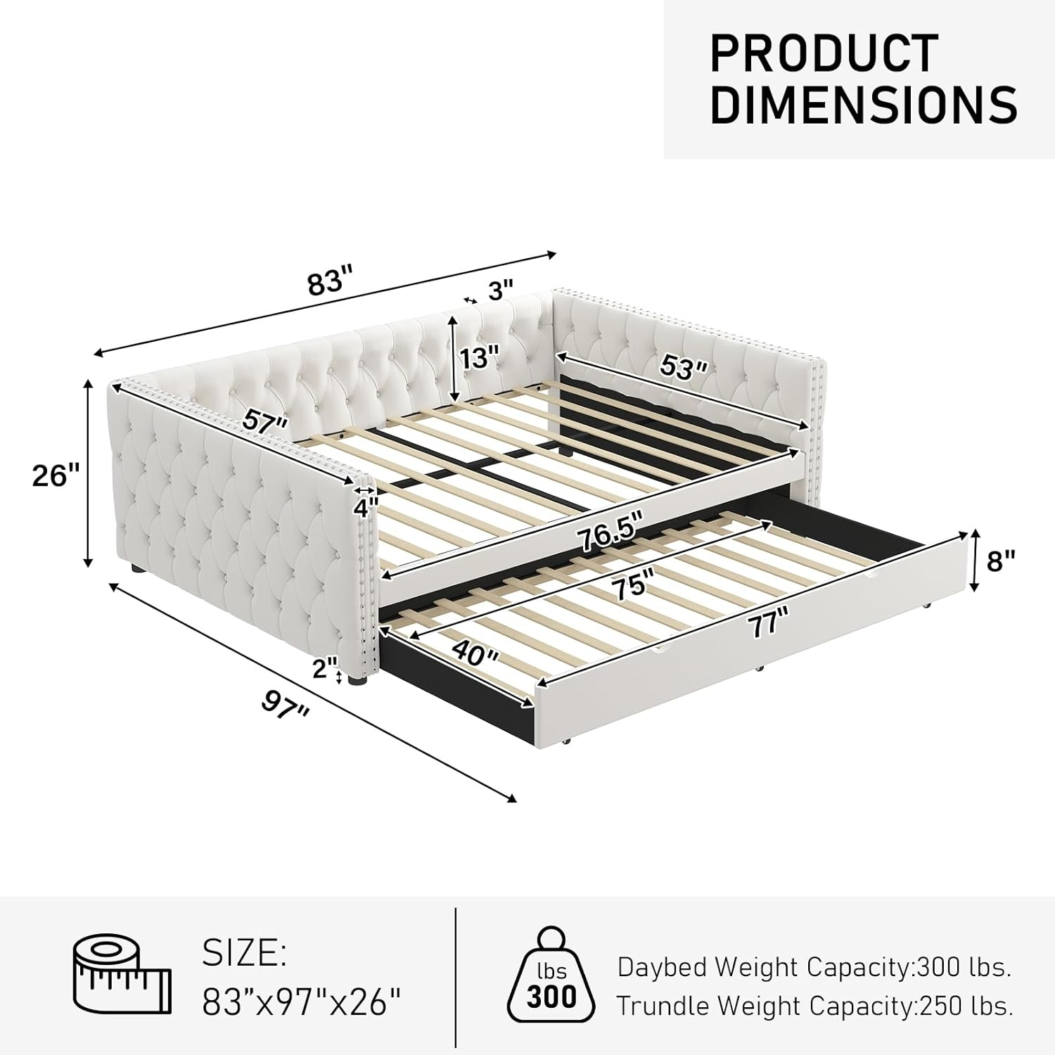 KNeretva Velvet Full Daybed with Twin Trundle, Modern Upholstered Full Size Day Bed Button-Tufted Sofa Daybed Frame (Black)