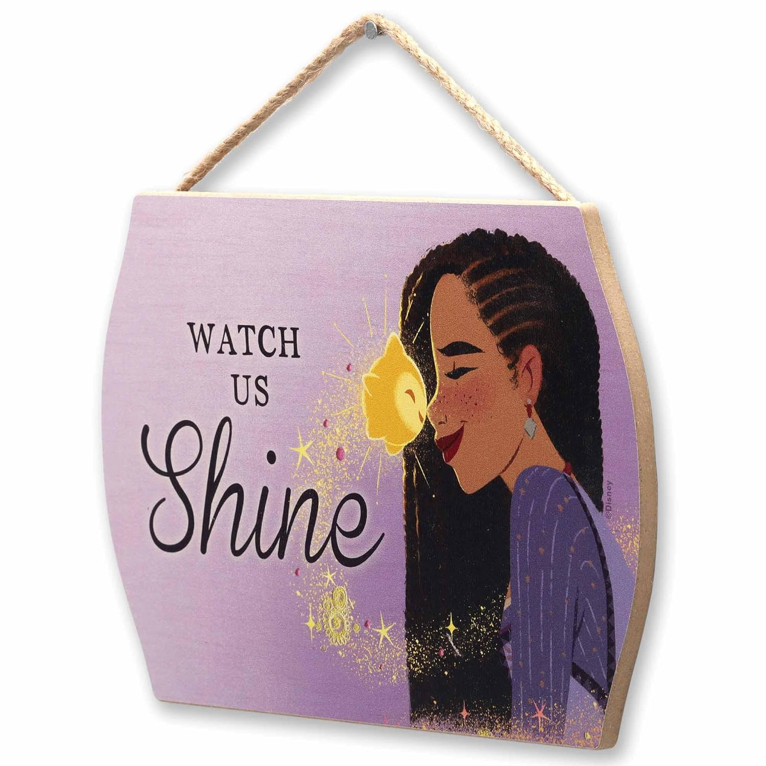 Disney Wish Watch Us Shine Asha and Star Hanging Wood Wall Decor - Adorable Wish Sign for Kids' Bedroom or Movie Room