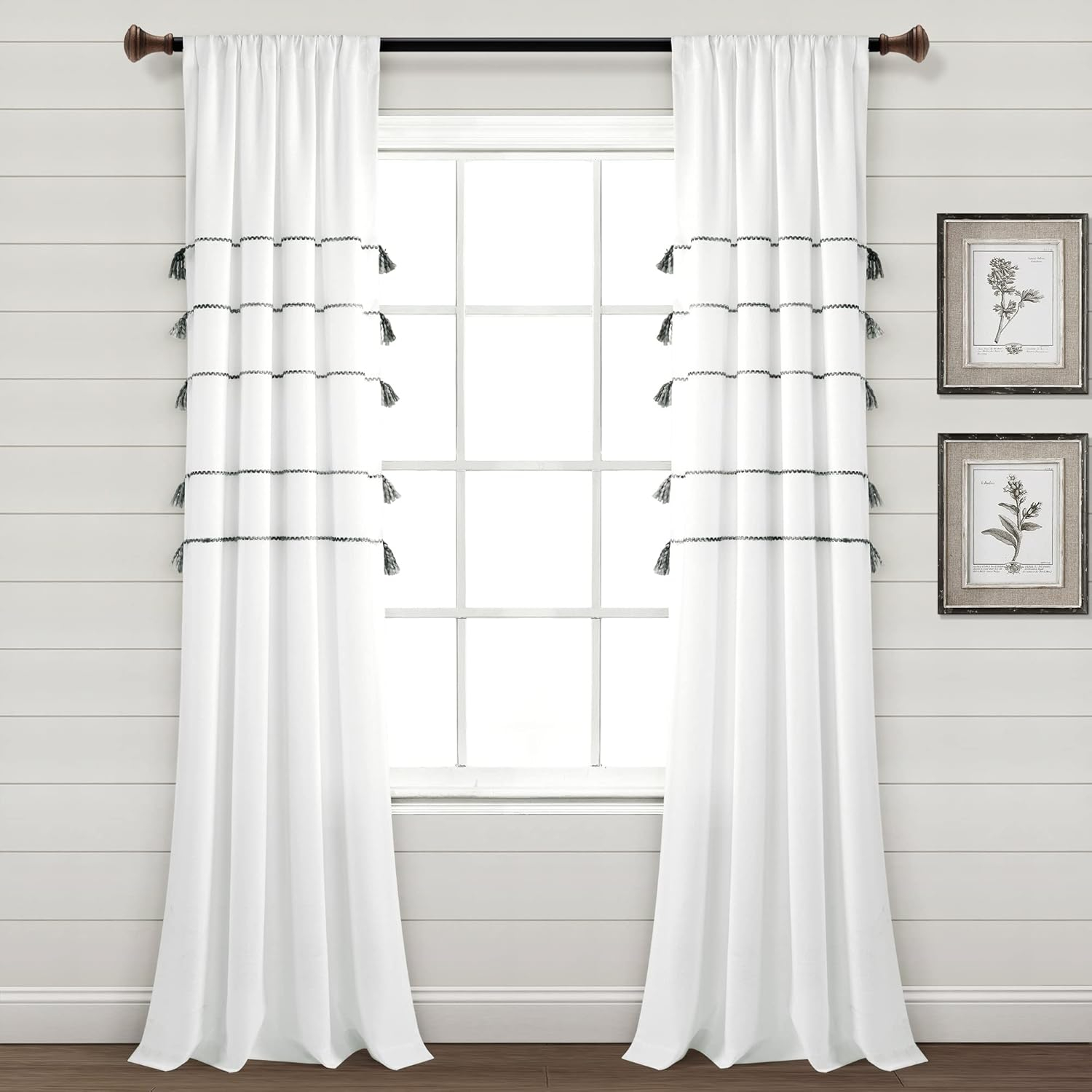 Home Boutique Farmhouse Boho Stripe Woven Tassel Yarn Dyed Cotton Window Curtain Panels Gray Ombre 42X84 Set