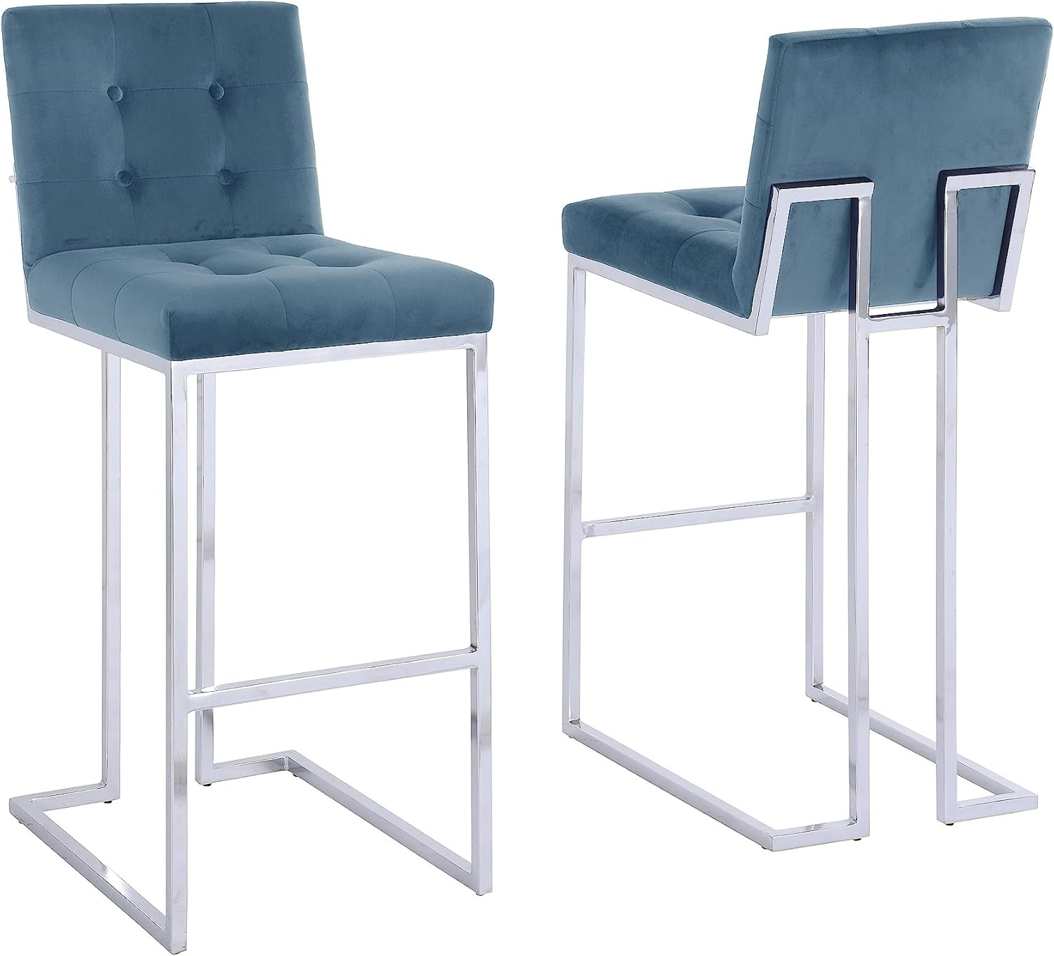 Barstools with Tufted Seats in Teal Blue Velvet and Chrome Legs (Set of 2)