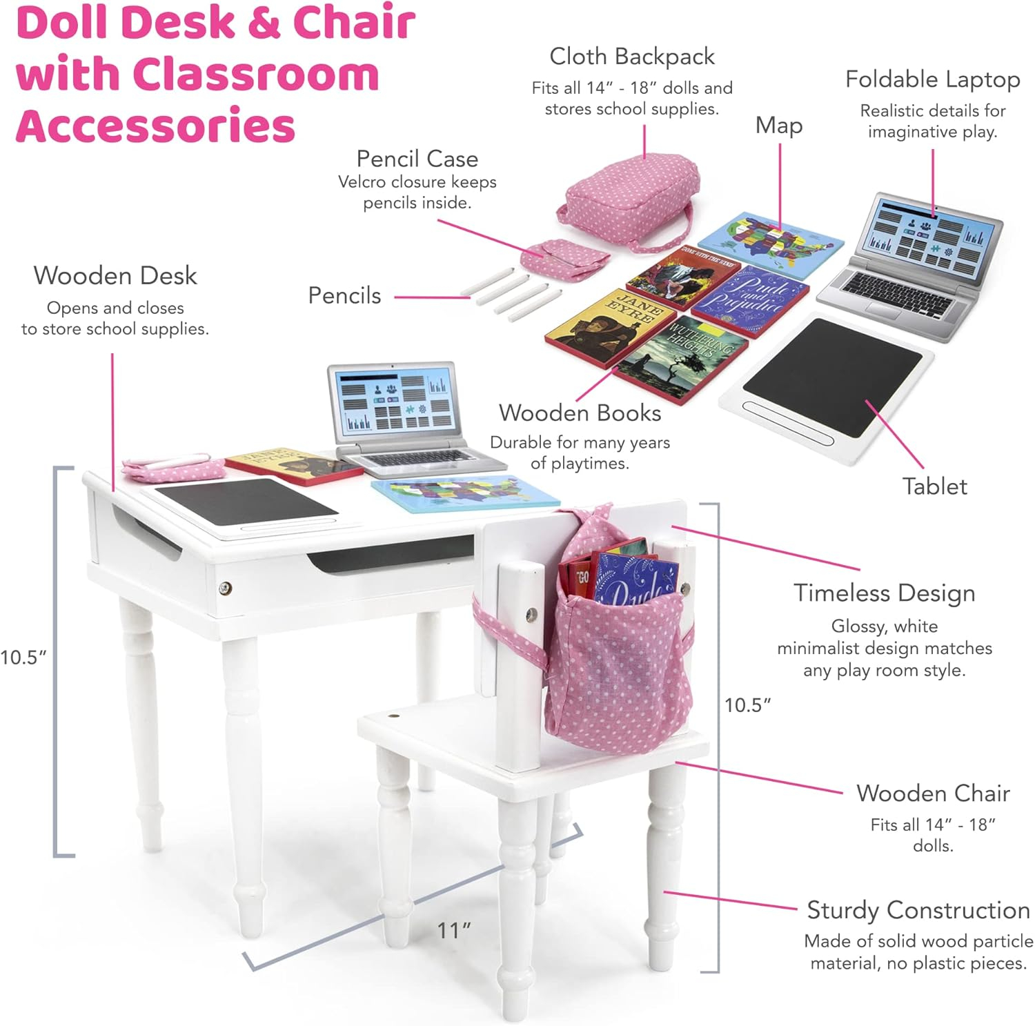Playtime by Eimmie Classroom Playset w/ Desk & Chair for 18 Inch Dolls