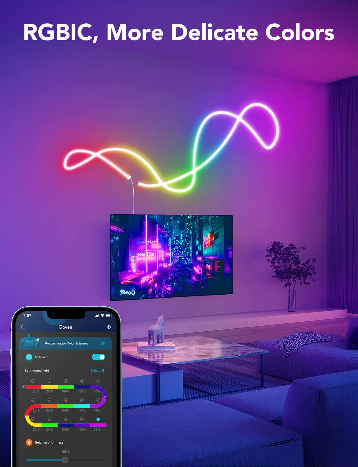 Govee RGBIC Neon Rope Light, 16.4ft LED Strip Lights, Music Sync, DIY Design, Works with Alexa, Google Assistant, Neon Lights for Gaming Room Living Bedroom Wall Decor (Not Support 5G WiFi)