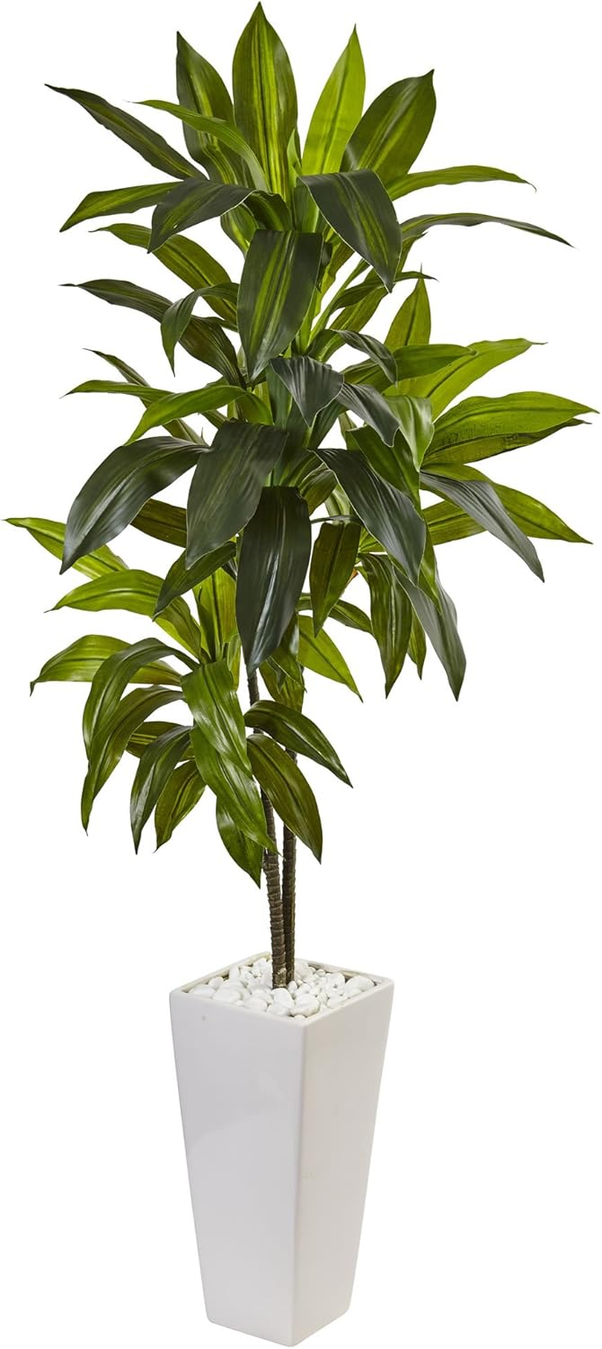Nearly Natural 3-ft Dracaena Plant in White Tower Planter