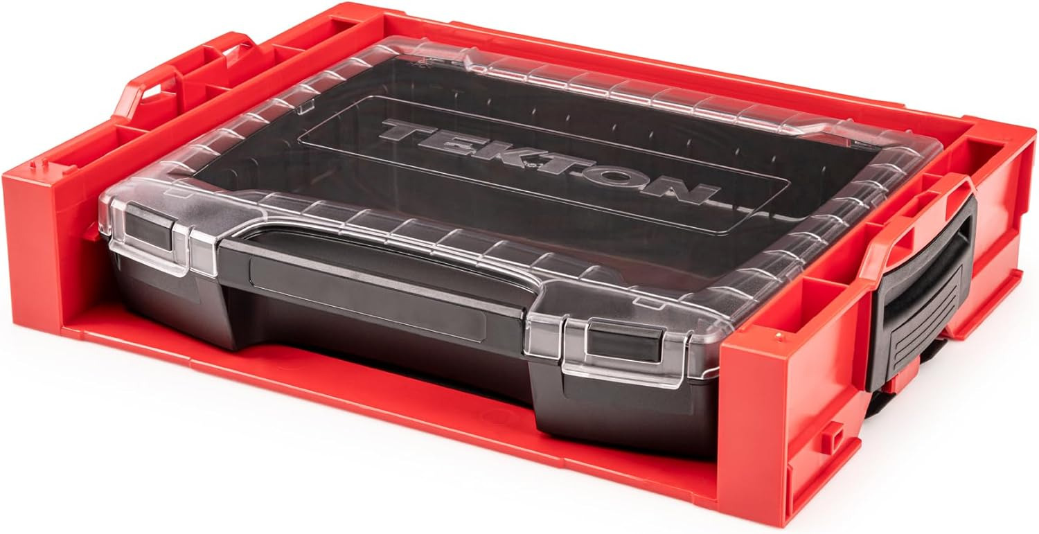 Red and Black Plastic Stacking Tool Box with Clear Lid