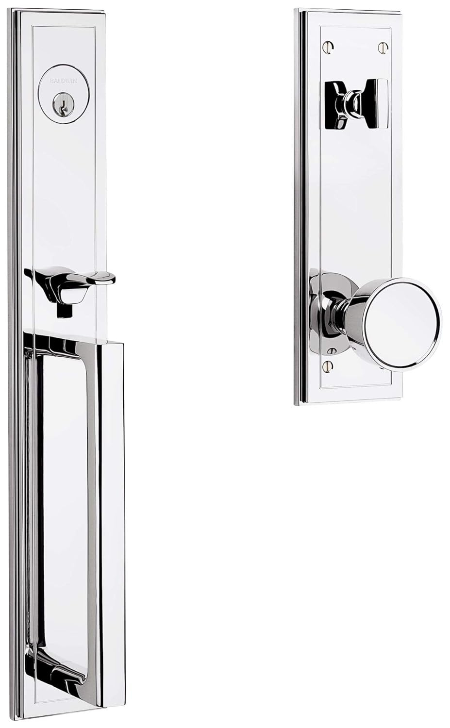 Baldwin 85311.ENTR Hollywood Hills Full Plate Single Cylinder Door Handleset with Interior K008 Knob and Emergency Egress Function - Polished Chrome