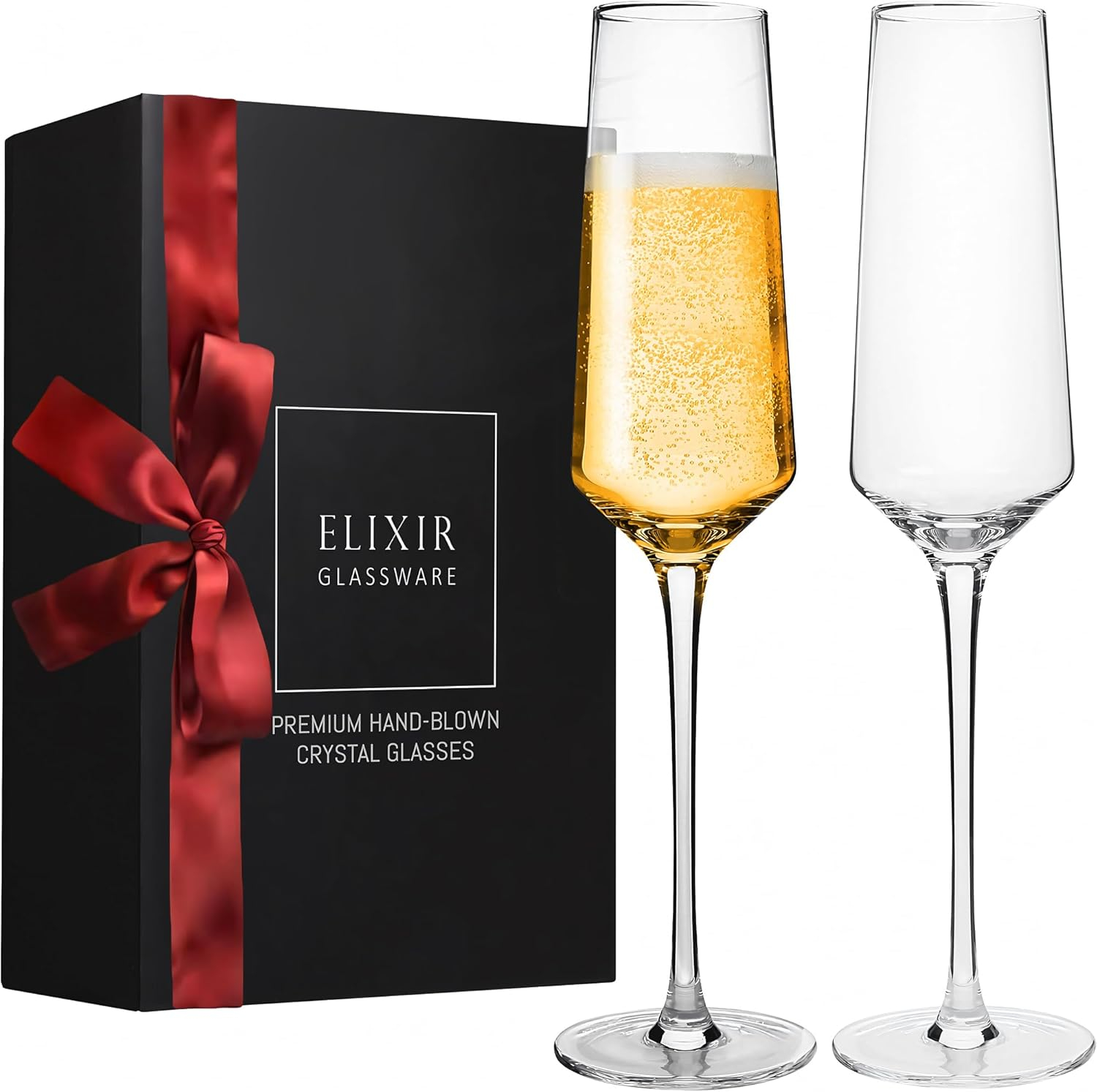 Elixir Glassware Elegant Hand-Blown Crystal Champagne Flutes - Set of 2, Lead-Free Premium Crystal - Ideal for Wedding, Anniversary, Christmas Celebrations - 8oz, Clear