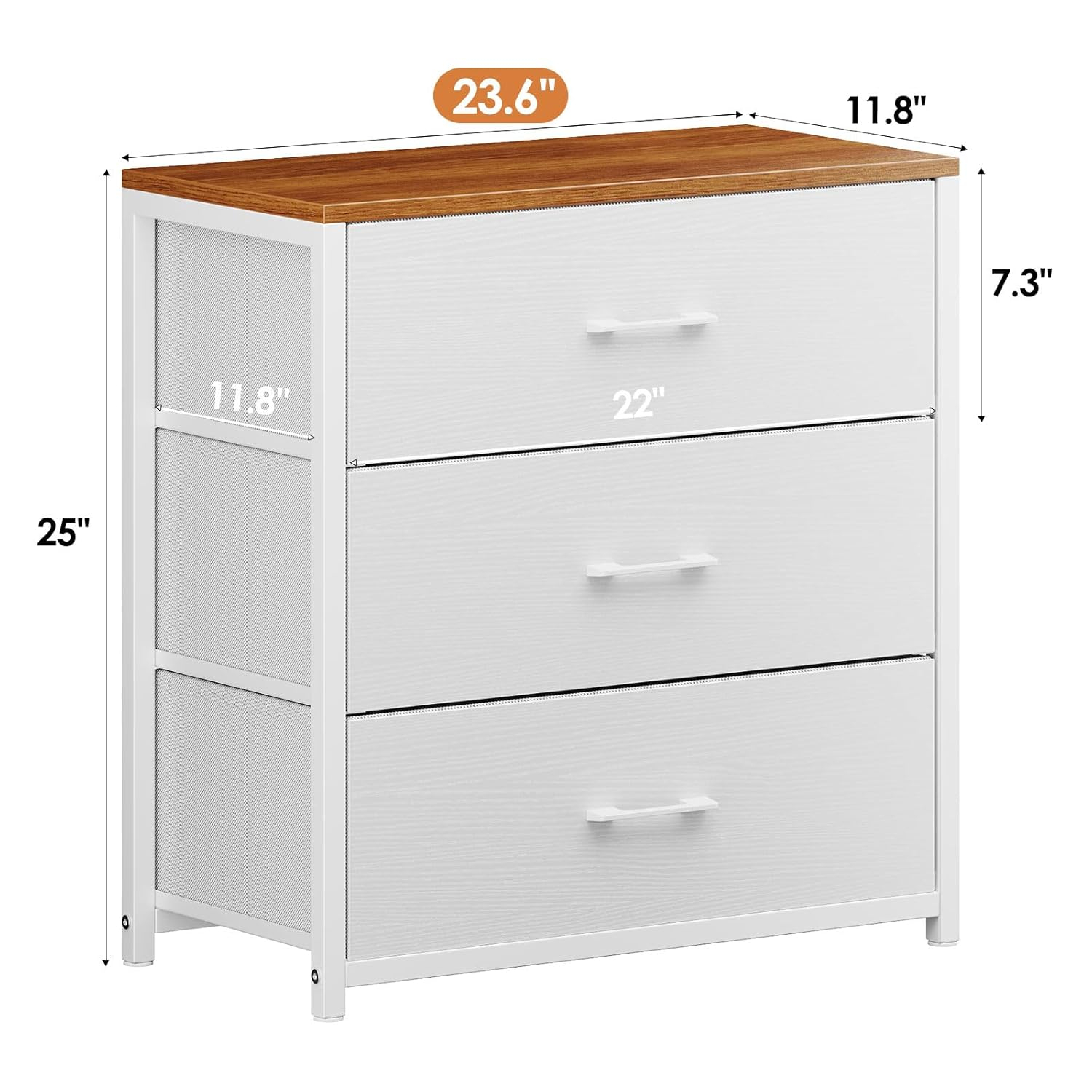 Nightstand,Farmhouse Night stand with 3 Storage Drawer,Small Dresser for Bedroom,Chest of Drawers Fabric Dressers with Steel Frame,Wooden Top Front Bedside Table for Small Space,White+walnut