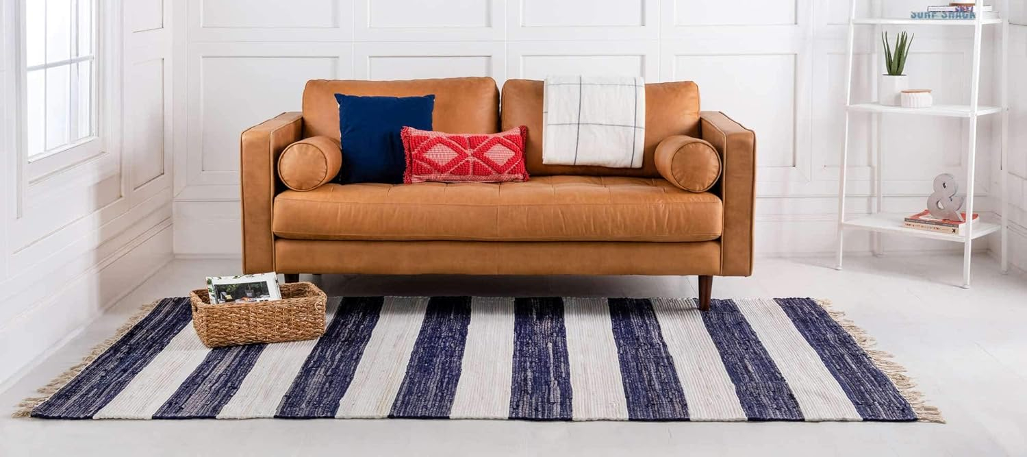 Unique Loom Chindi Rag Collection Area Rug - Striped (5' 1" x 8' Rectangle Navy Blue/Ivory)