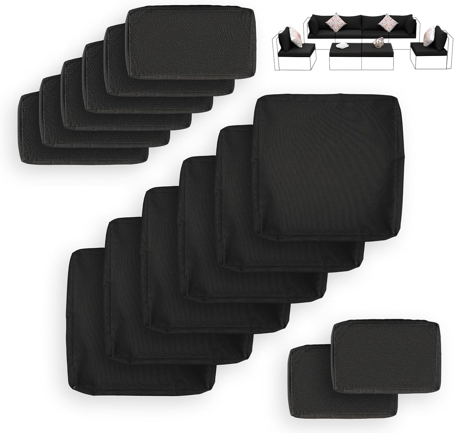 Black Olefin Outdoor Sofa Cushion Covers Set, 27x27 Inch