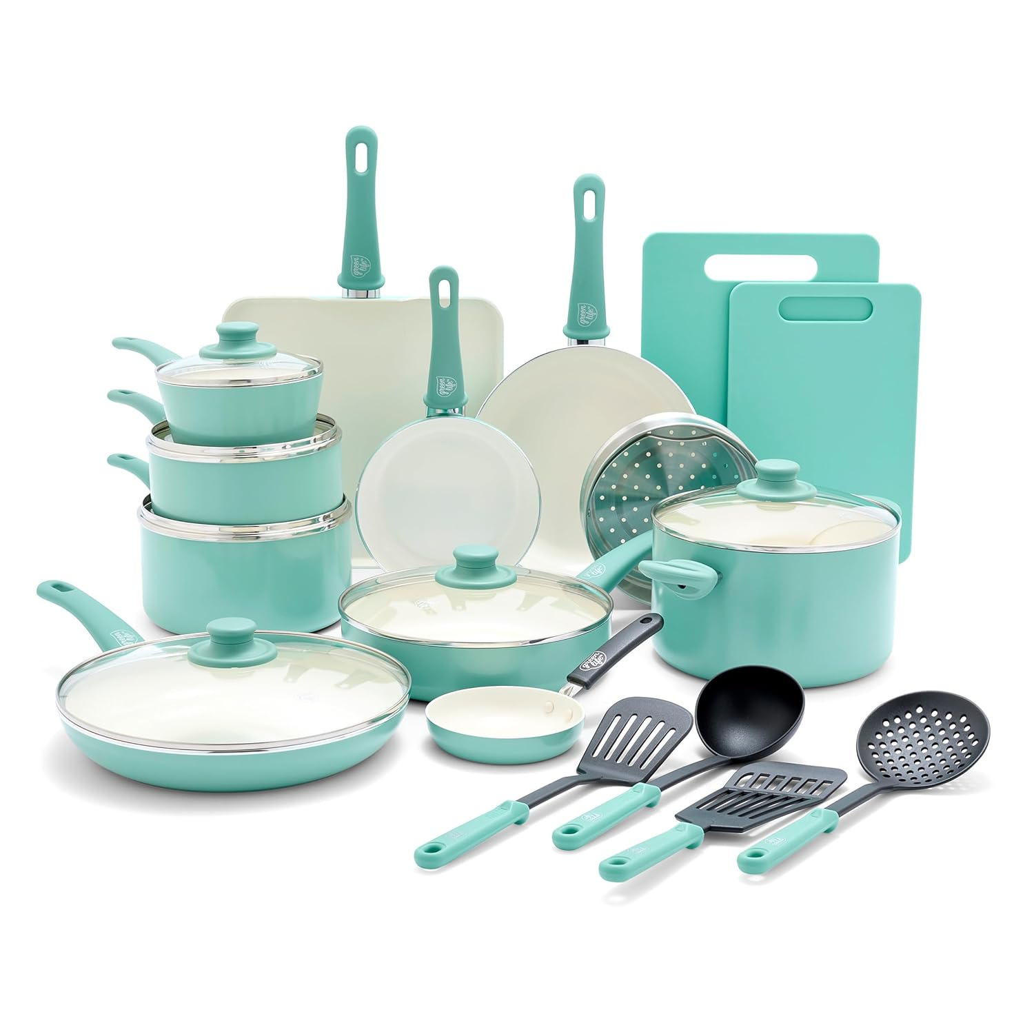 Turquoise Ceramic Nonstick 23-Piece Cookware Set with Glass Lids