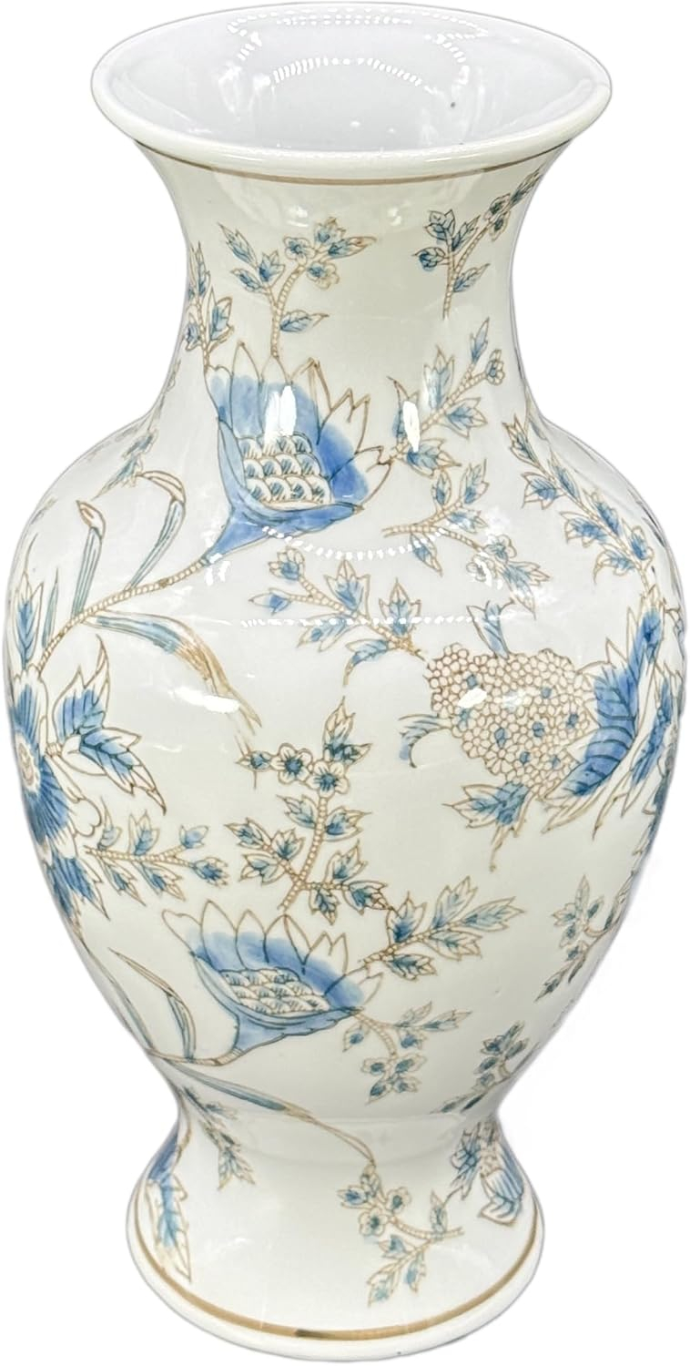 Dark Blue Floral Chinoiserie Ceramic Vase with White Accents