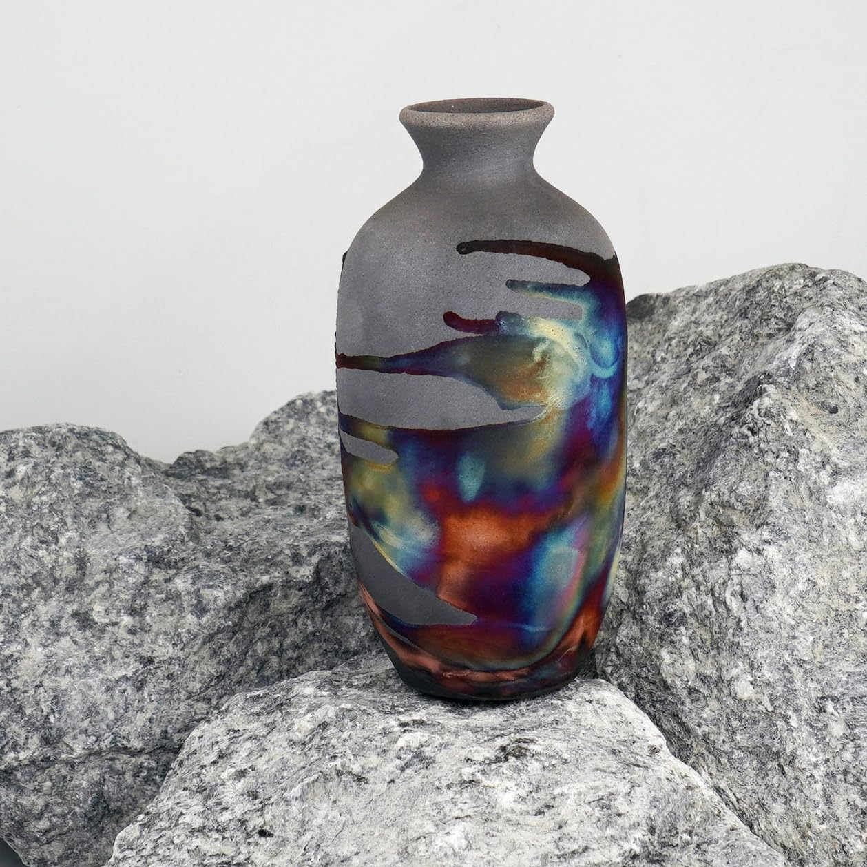 RAAQUU Koban Vase 7" - Handmade Raku Ceramic with Water Tube - Carbon Copper Matte Finish - Modern Boho Home Decor for Living Room, Bedroom, Office - Housewarming Gift - Artisan Pottery