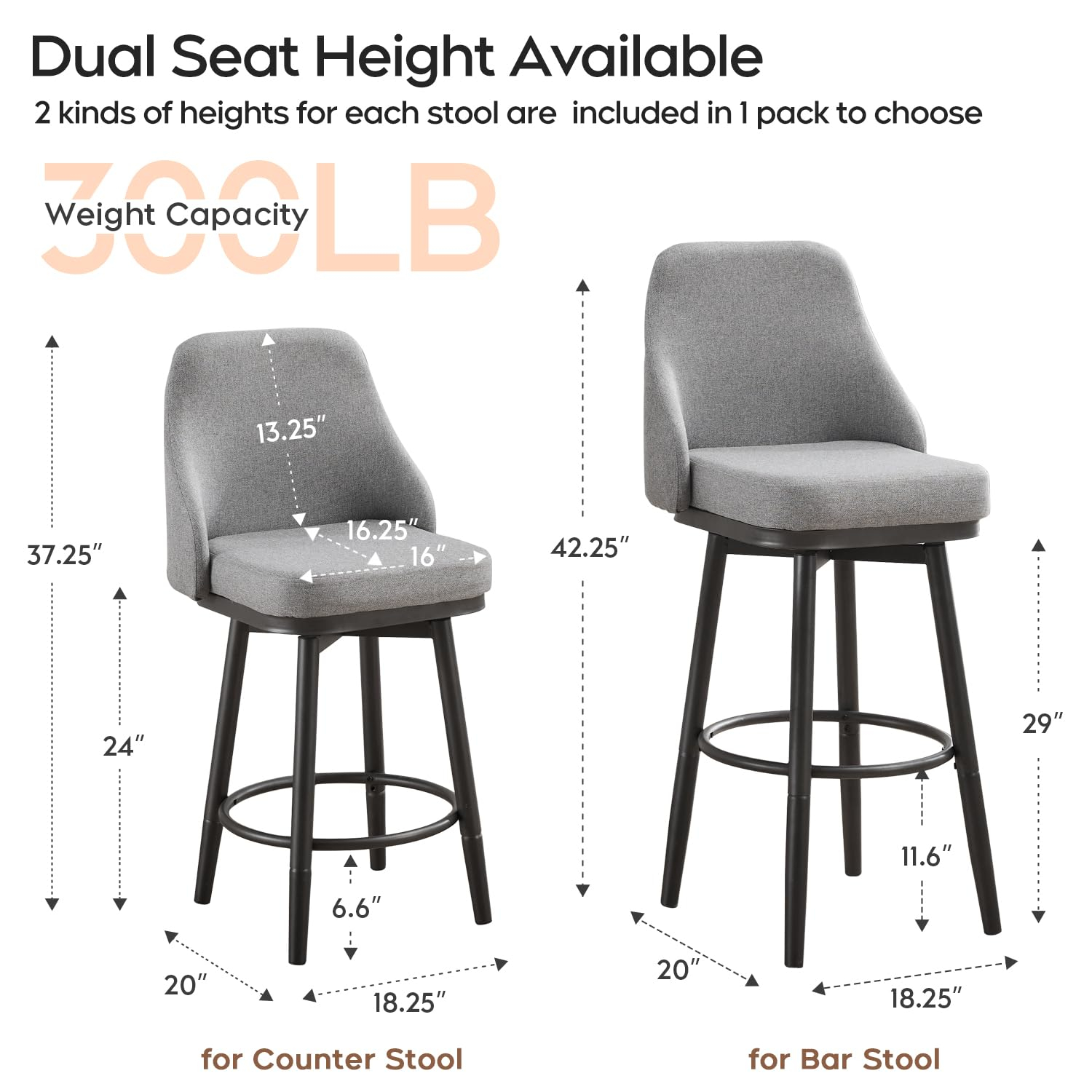 ELIASER Bar Stools Set of 2,Counter Height Barstools Swivel Chair for Kitchen Counter with Back Upholstered Linen Foam Cushion,Metal Leg 29 Inch and 24 Inch Gray
