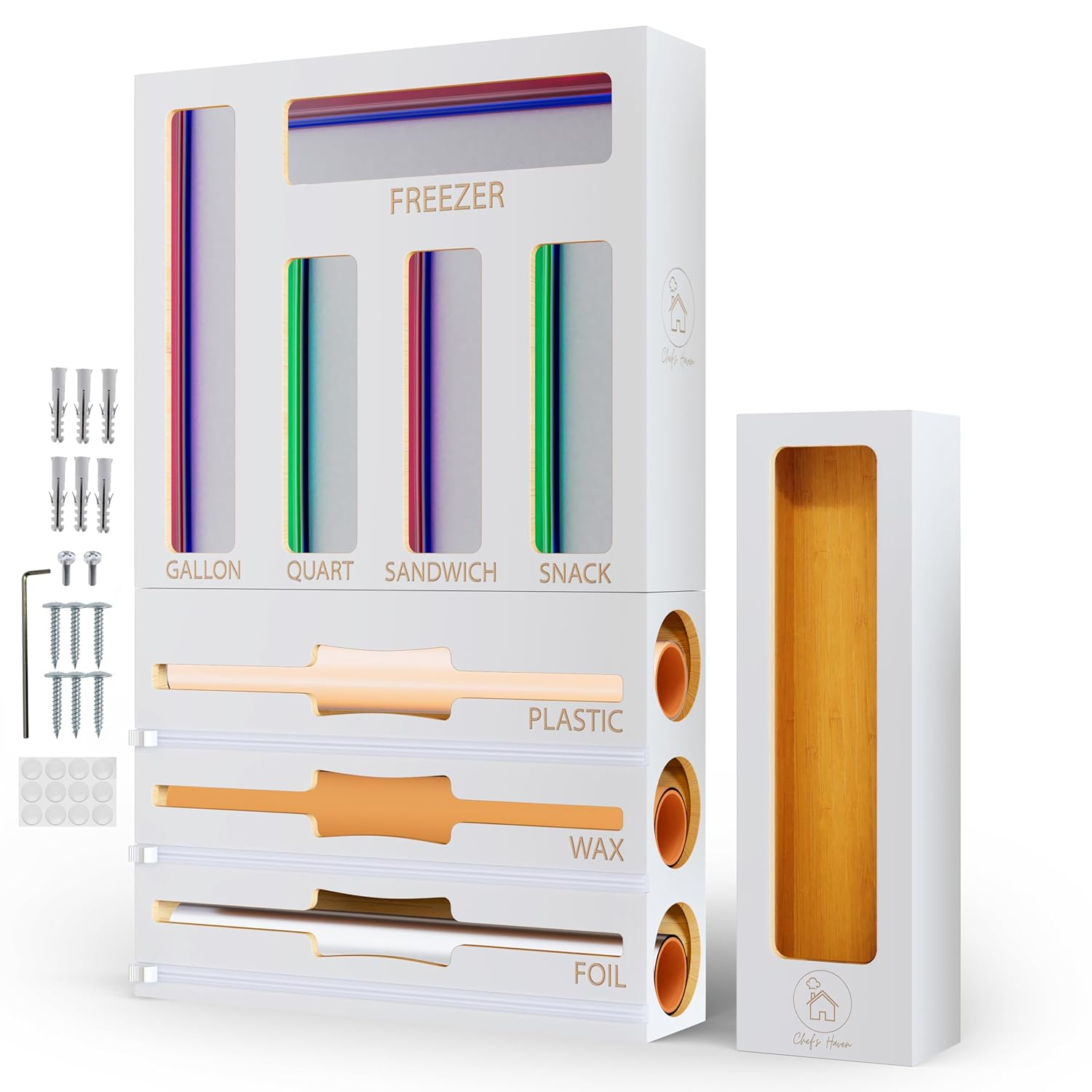 Chef's Haven 9 IN 1 Storage Bag Organizer, Foil and Plastic Wrap Organizer with Cutters, Bamboo Kitchen Baggie for Drawer, Pantry & Countertop, Storage for Gallon, Quart, Sandwich, Snack Bag