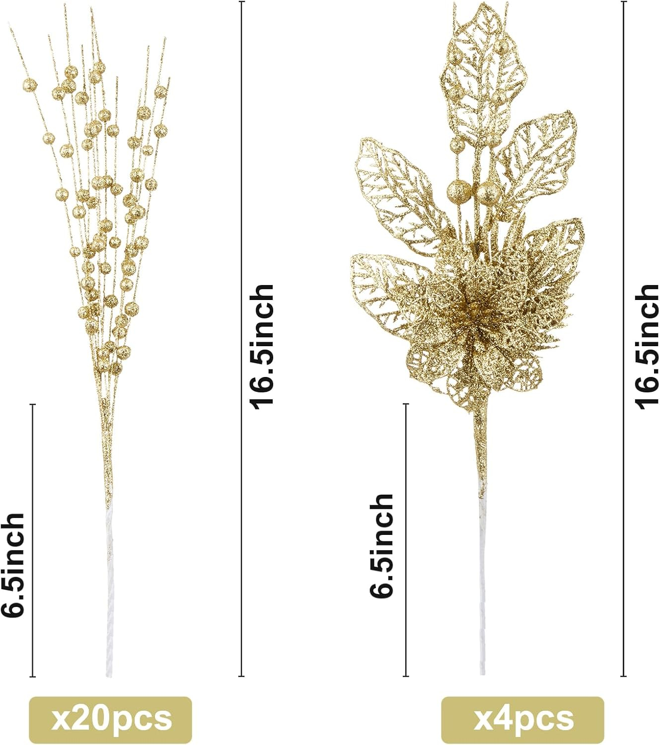 24 Pack Christmas Tree Ornaments - Artificial Flowers Glitter Berry Stems Christmas Floral Picks Branches for Xmas Tree Decorations Vase Filler Holiday Wedding Party Home Decor (Gold)