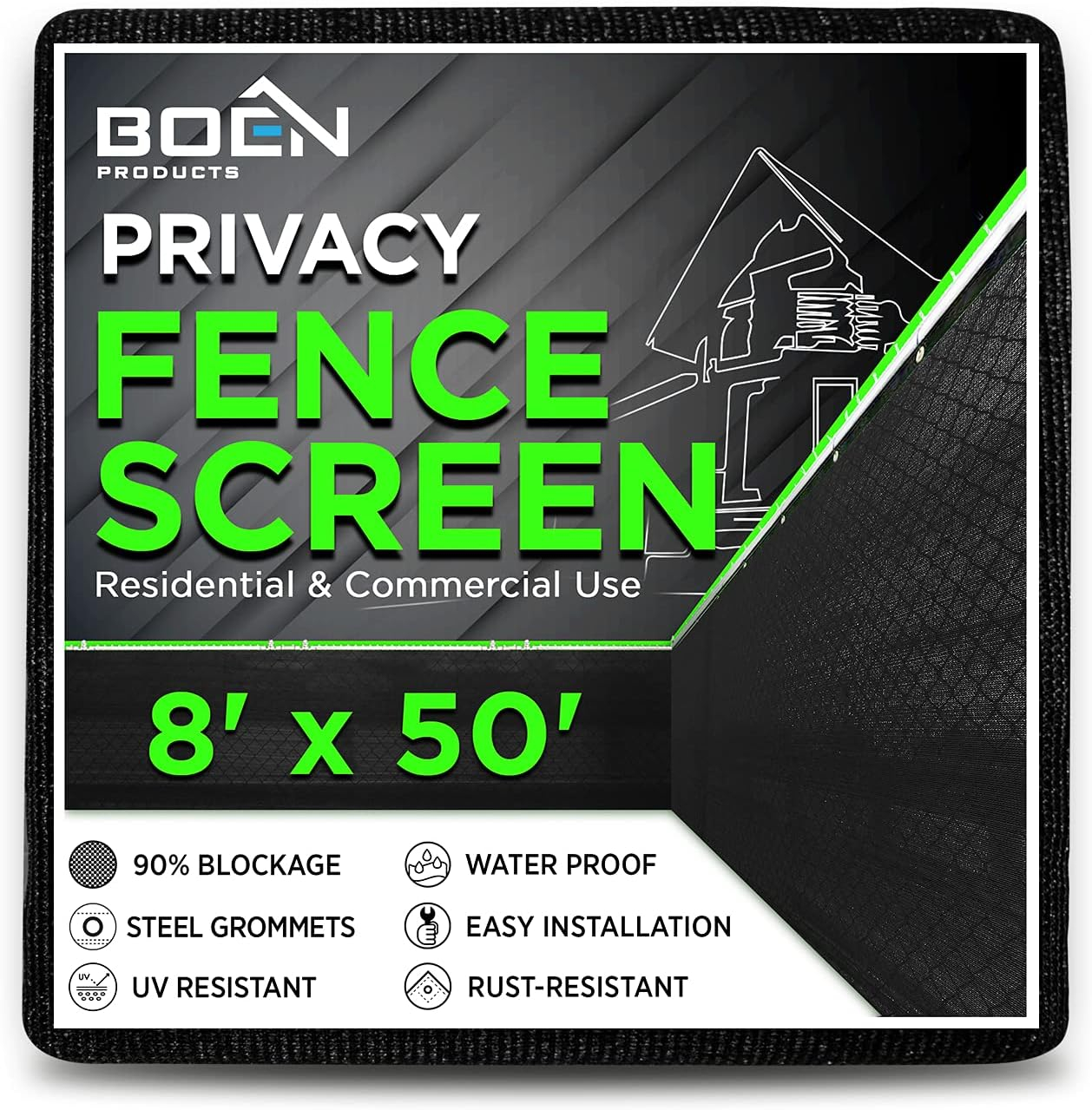 Boen - Backyard Privacy Screen Fence Covering 4' x 50' - Black - Instant Outdoor Privacy Fence Screen for Any Metal, Chain Link, Wood Panels or Plastic Fencing - Shade & Block Wind Privacy Wall