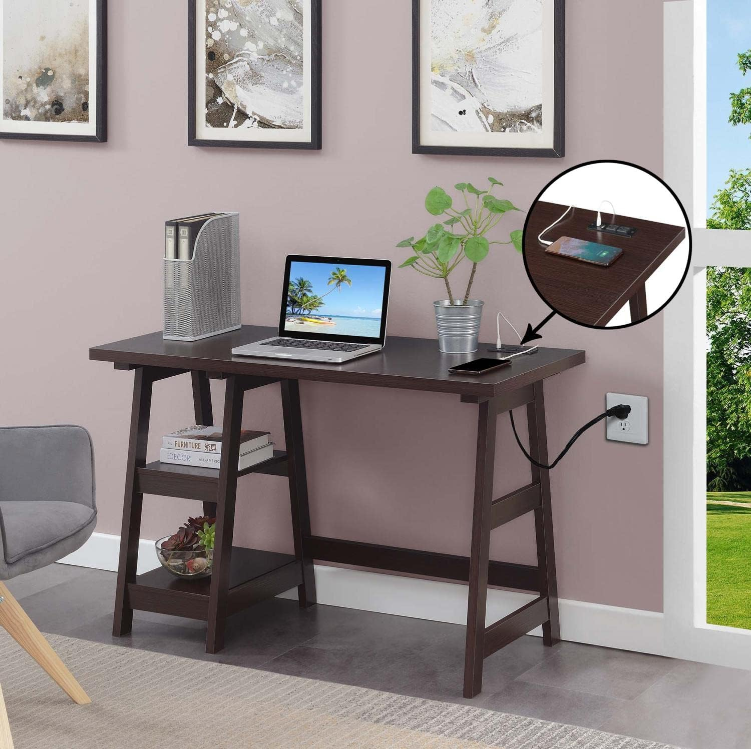 Convenience Concepts Designs2Go 29.25" Trestle Desk w Charging Station & Shelves, Espresso, All Ages