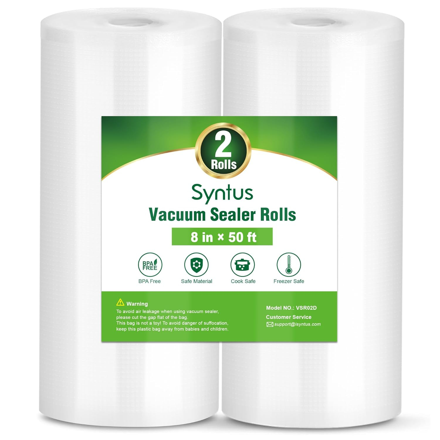 Syntus Vacuum Sealer Bags, 2 Rolls 8" x 50' Commercial Grade Bag Rolls, BPA Free Food Vac Bags for Storage, Meal Prep or Sous Vide