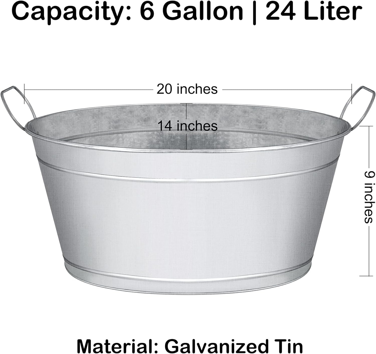 Large 6-Gallon Galvanized Tin Beverage Tub, 20x14x10 inches (Pack of 2)