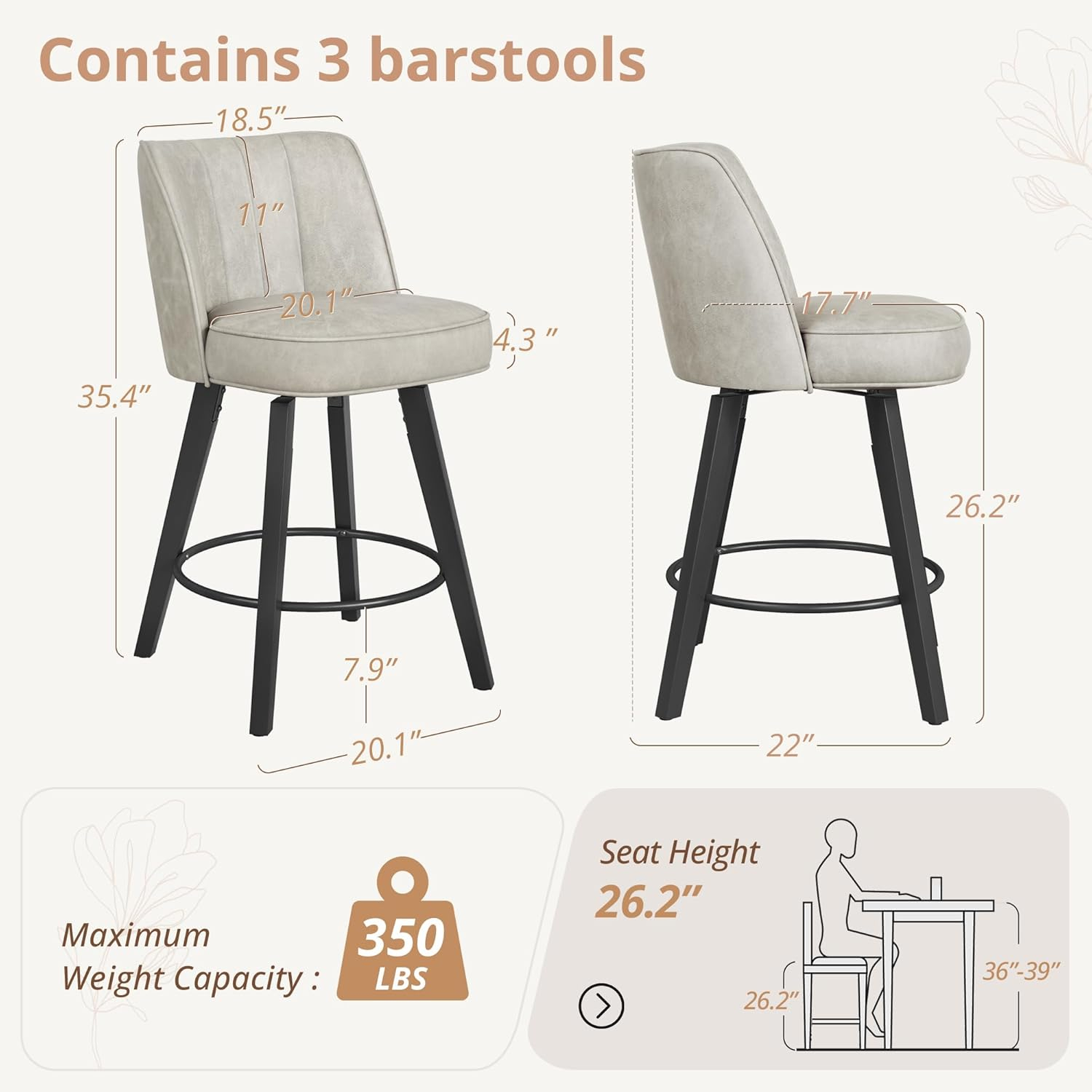 LUE BONA 360-degree Swivel Bar Stools Set of 3, 26" Counter Height Bar Stools with High Back and Wood Legs, Morden Faux Leather Upholstered Barstools for Kitchen Counter