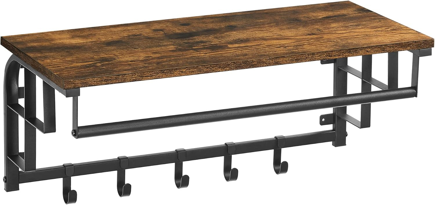 VASAGLE Wall-Mounted Coat Rack, Wall Hook Rack with Hanging Rod, Storage Shelf, Laundry Room Shelf with Hooks, for Entryway, Bathroom, Rustic Brown and Black ULCR12BX