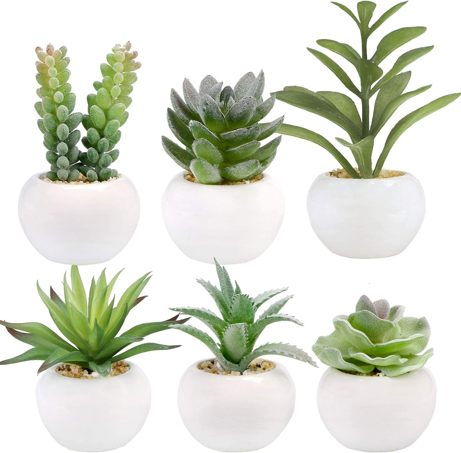Set of 6 Green Artificial Succulents in White Ceramic Pots