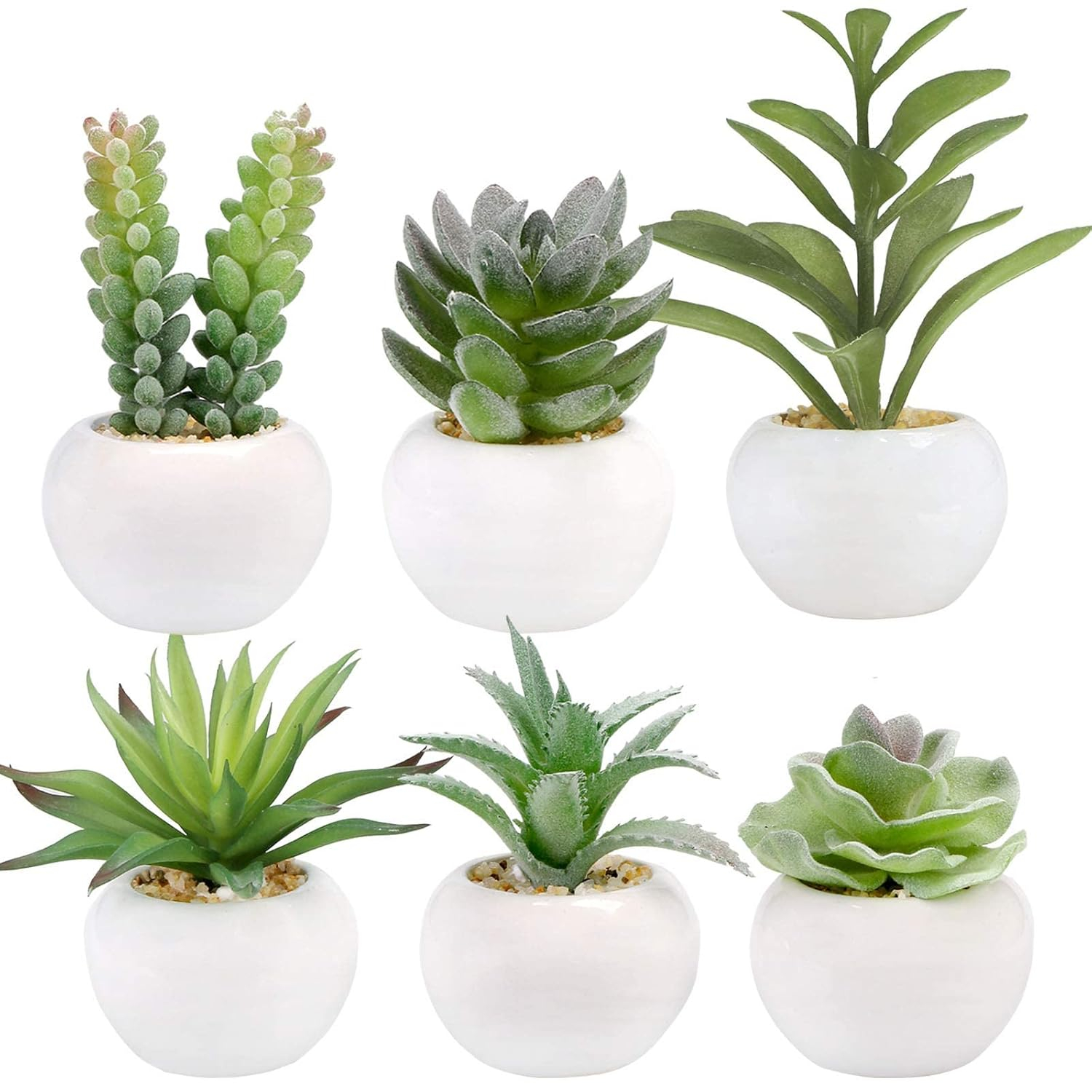 GREENTIME Set of 6 Succulents Plants Artificial in Mini White Ceramic Pots Small Fake Succulents Plant Faux Indoor Decor Windowsills Bedroom Desk Bathroom Office Home Decoration
