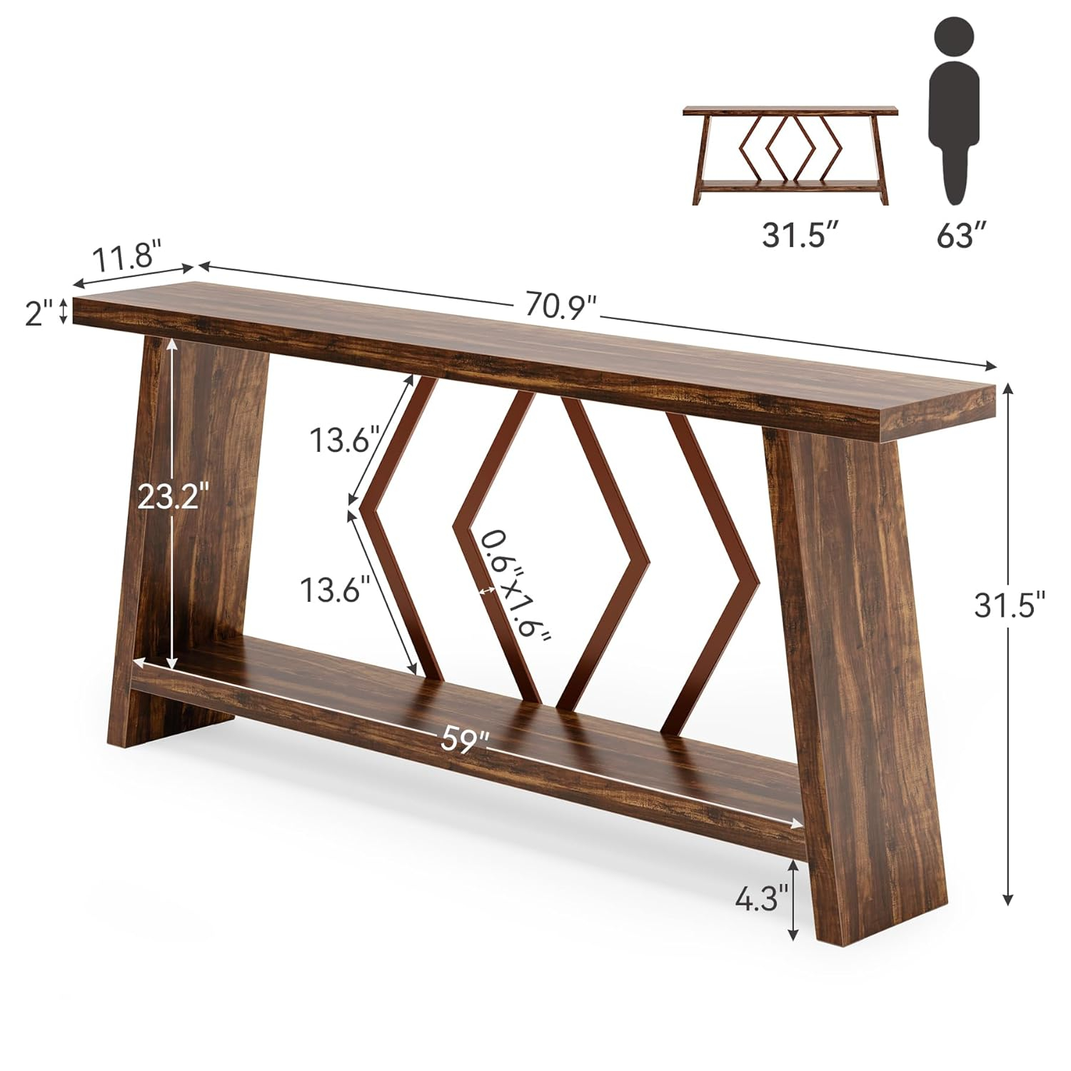 Rustic Brown Wood and Metal Console Table with Storage Shelf