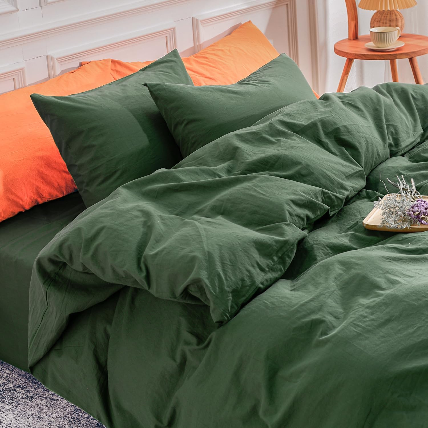 NEXHOME PRO Duvet Cover Set 100% Washed Cotton Oversized Queen 98"x98", Organic Natural Linen Look Textured 3 Pieces Bedding Set Apricot Yellow with Zipper Closure, Breathable, Soft (No Comforter)