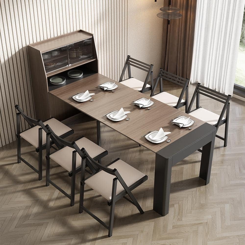 Modern Extendable Dining Table with Storage, Farmhouse Kitchen Table Rectangle Sideboard Glass Door (Walnut & Gray)