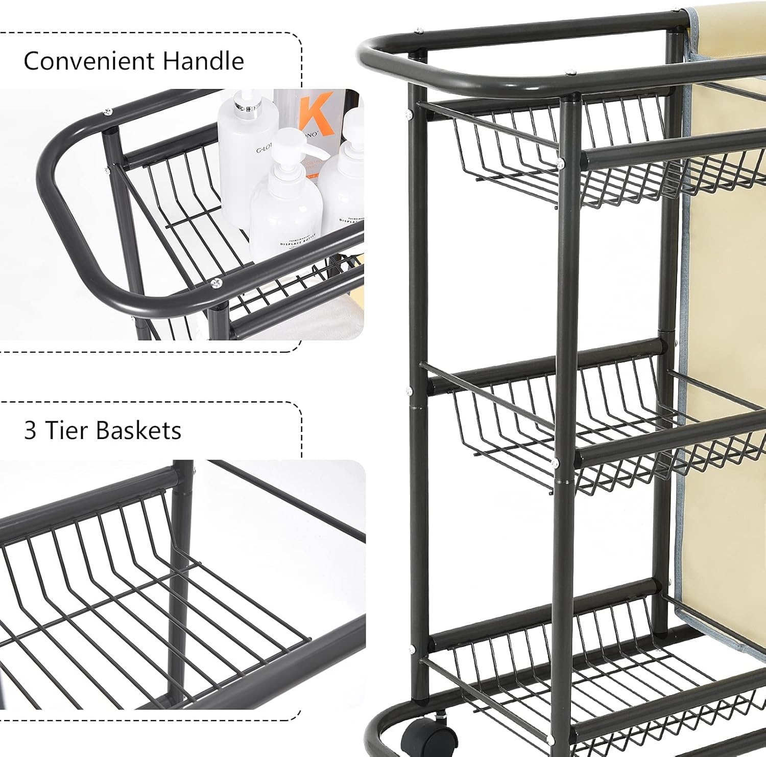 Laundry Sorter Cart Movable Bathroom Organizer Gray Laundry Storage Baskets with Heavy Duty Rolling Wheels 3-Tier Storage Shelves with 1 Bag for Clothes
