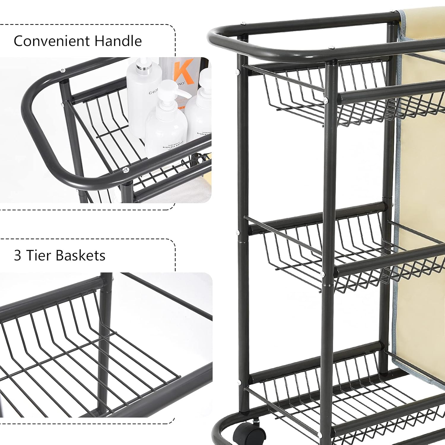 Laundry Sorter Cart Movable Bathroom Organizer Gray Laundry Storage Baskets with Heavy Duty Rolling Wheels 3-Tier Storage Shelves with 1 Bag for Clothes