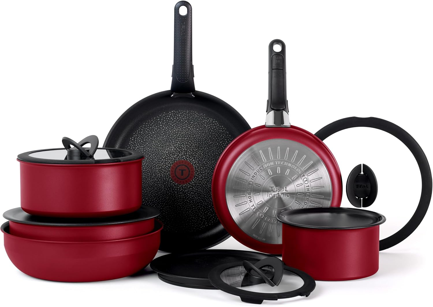 T-fal Ingenio Expertise 14 Piece Nonstick Cookware Set, Induction Oven Safe 500F, Pots and Pans, RV, Detachable Handle, Cherry Red