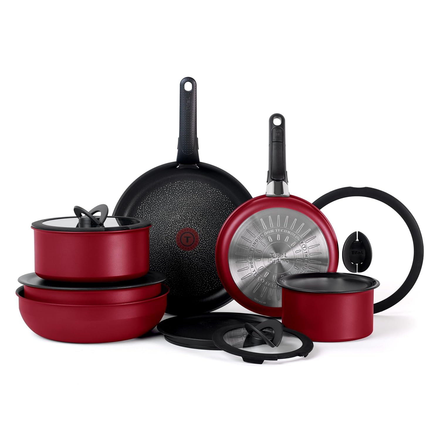 T-fal Ingenio Expertise 14 Piece Nonstick Cookware Set, Induction Oven Safe 500F, Pots and Pans, RV, Detachable Handle, Cherry Red